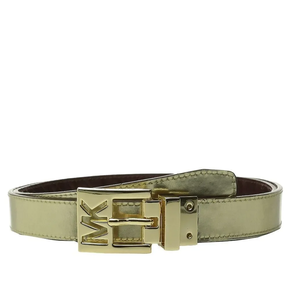 New! MICHAEL KORS MK Logo Women's Reversible Leather Belt Brown Gold Size Large